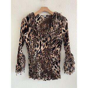 Agora Vintage Y2K Animal Print Top Fringe V-Neck Pleated Sz.M Glam Rock Feminine